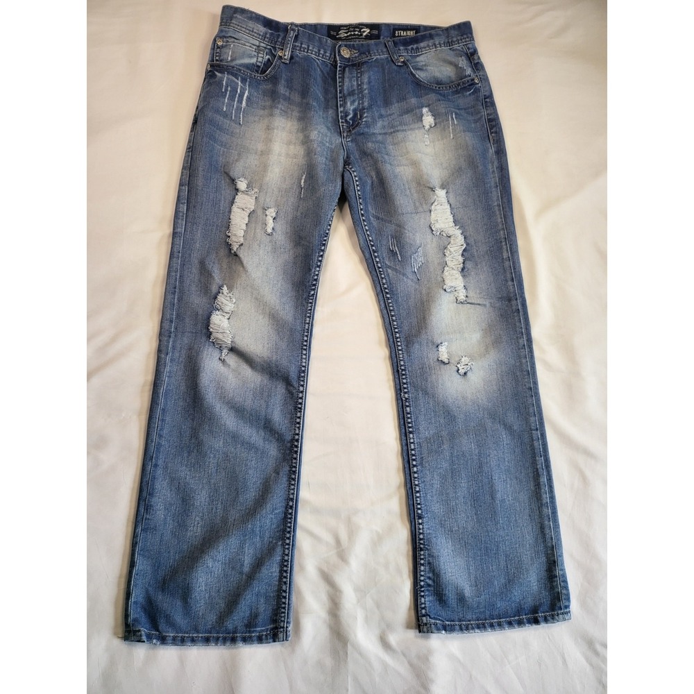 Seven7 Mens Straight Leg Distressed Jeans Medium Wash Blue Denim 36x32
